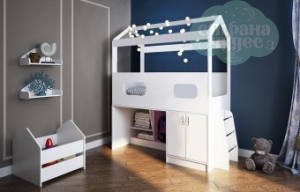 Кровать-чердак Домик Сказка со шкафом и лестницей, белая