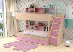 Двухъярусная кровать GK 10, дуб молочный-розовая