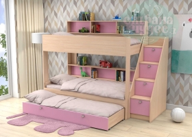 Трёхъярусная кровать GK 10.1, дуб молочный-розовая